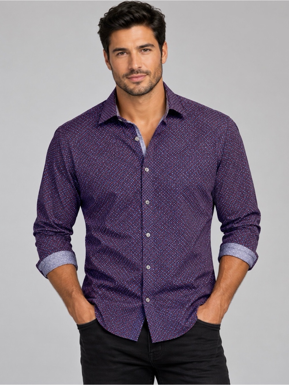 DKNY Men's Stretch Poplin Micro-Geometric Purple & Burgundy Dress Shirt Size M